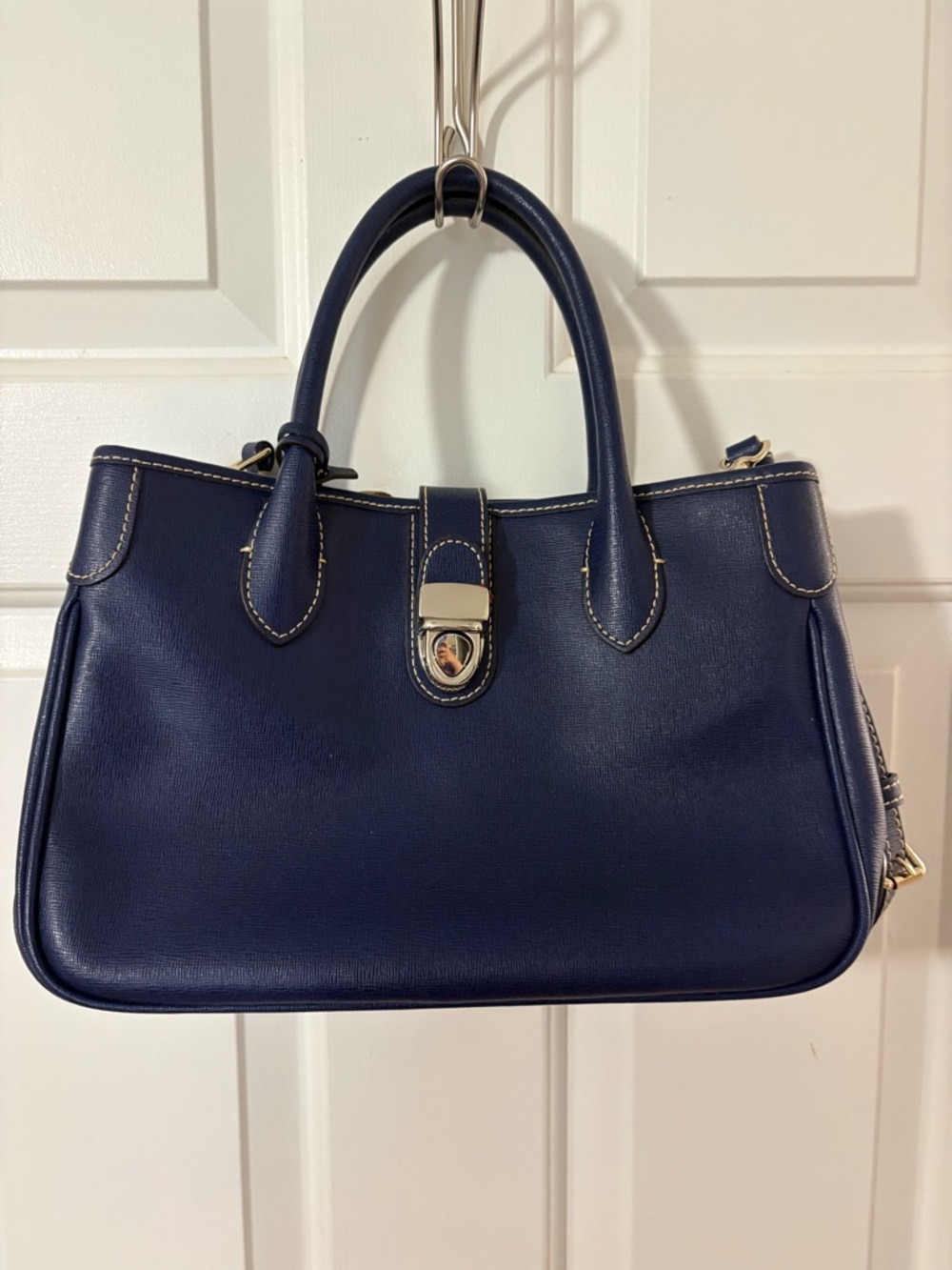 Dooney & Bourke Classic Navy Leather Satchel Handbag with Crossbody Strap